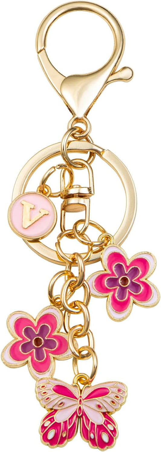 Pink Letter Keychain for Women Bag Charms Purse Charms Cute Stainless Steel Keychain Initial Letter Keys Charm Gifts
