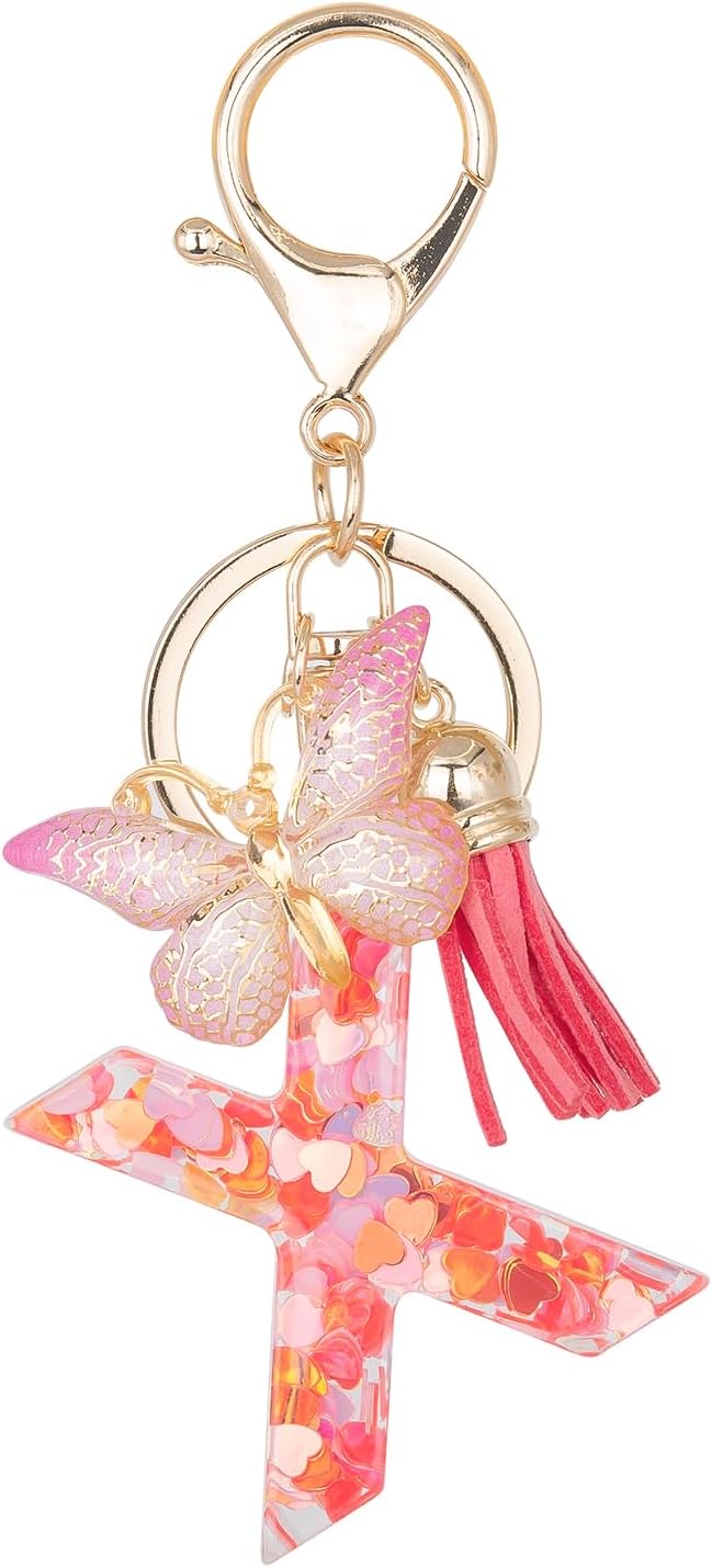 Initial Keychain Cute Pink Resin Letter and Butterfly Charms Keychains for Backpack Purses