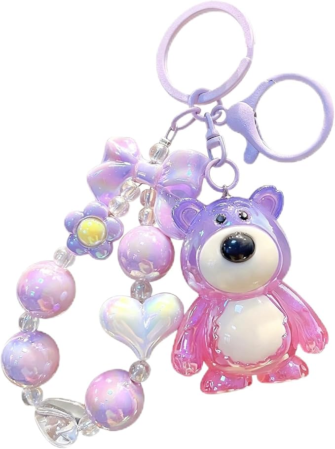 Bear Keychain For Women, Acrylic Bow Heart Flower Beaded Wristlet Gradient Color Colorful Gift Accessories