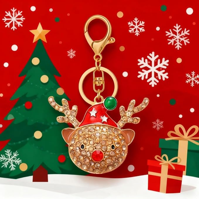 Dreuyet Christmas Keychain Rhinestone Crystal Christmas Tree Santa Purse Bag Handbags Charms for Women Lady Friends