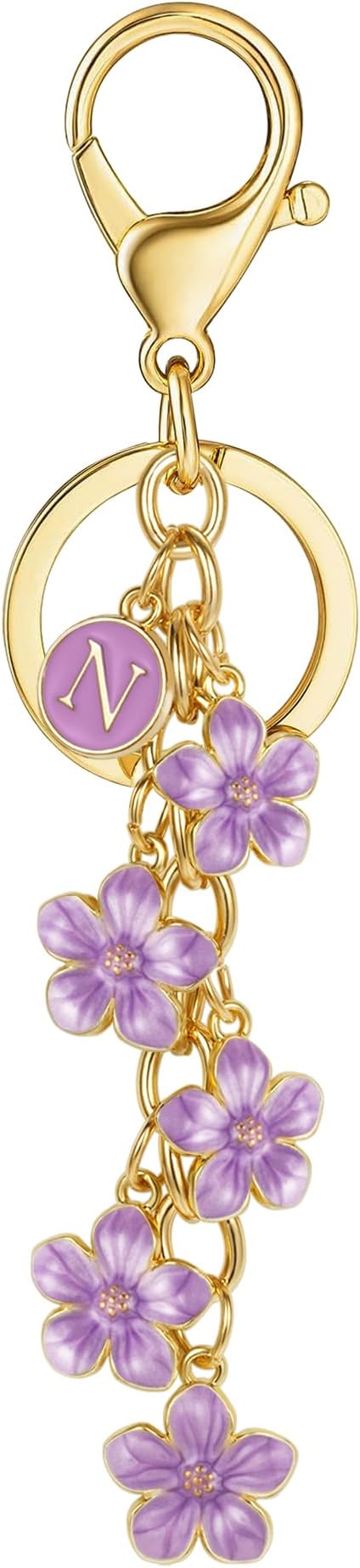 XGALBLA White Pink Black Cute Initial Letter Keychain for Women, Flower Bag Charms Enamel Keyring for Handbag Backpack