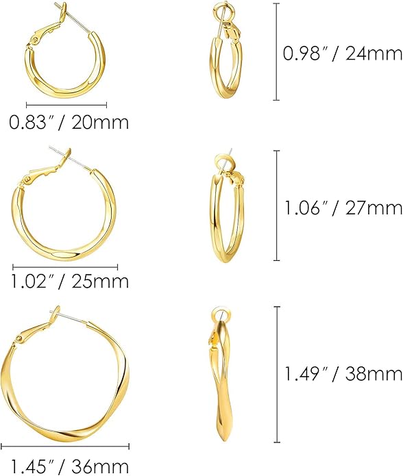 Gold Hoop Earrings Set for Women: Thick 14k Gold Plated Oval Teardrop Sensitive Ear Jewelry Pack Hypoallergenic Hoops Earringsfor Women Fashion (20-35mm)