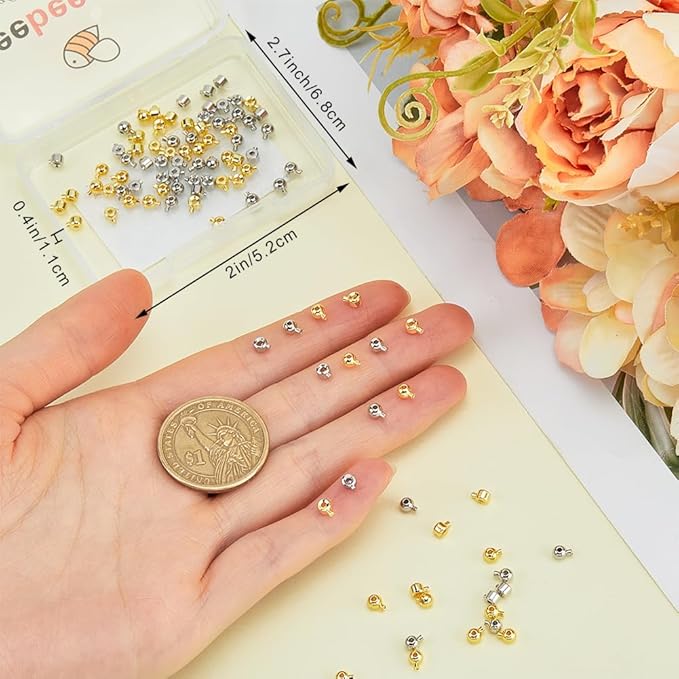 Beebeecraft 1 Box 100Pcs Crimp Beads for Jewelry Making 18K Gold & Platinum Plated Spacer Beads Ball Column Stopper Crimp Charms for Bracelet Necklace Ends Accessories