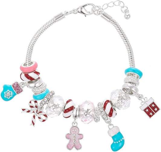 Madison Tyler Christmas Bracelet for Women | Xmas Adjustable Snake Chain Bracelet | Peppermint Candy Cane Gingerbread Man Bow Gloves Socks Charm Pearl Beaded Bracelet Holiday