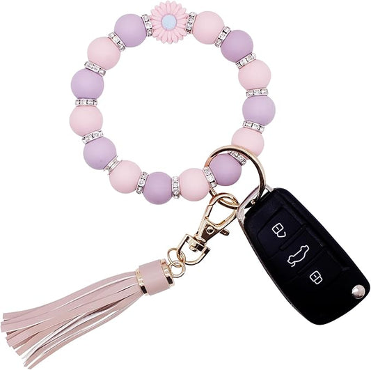 BIHRTC Key Ring Bracelet Car Keychain Holder Wristlet Silicone Women Beaded Bangle Chains