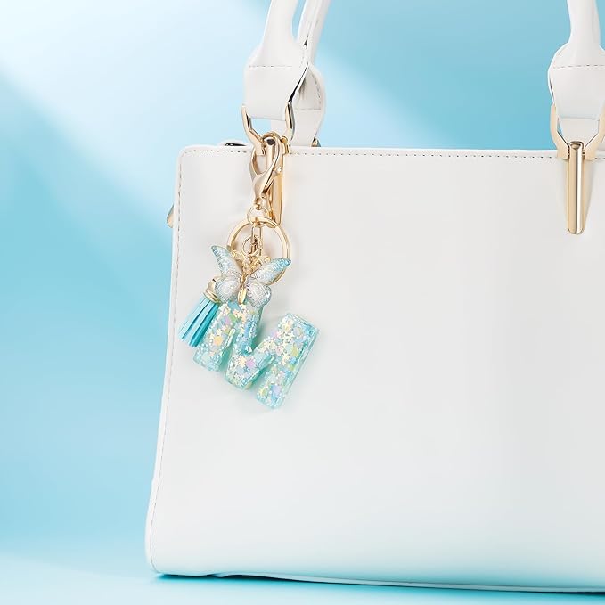 Fashion Alphabet Initial Letter Keychain Tassel Butterfly Pendant Key Ring for Purse Handbags Women Girl