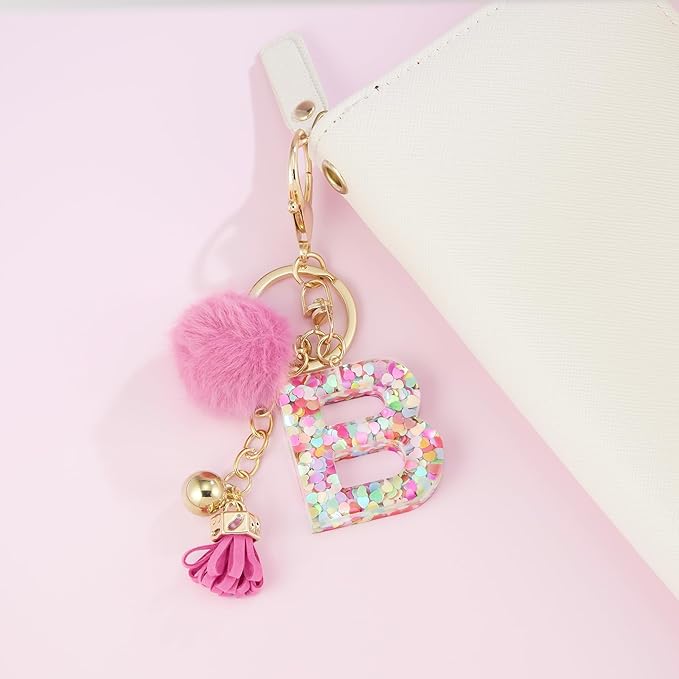 Resin Alphabet Initial Letter Keychain Keyring for Women Purse Handbags With Fur Ball Pom