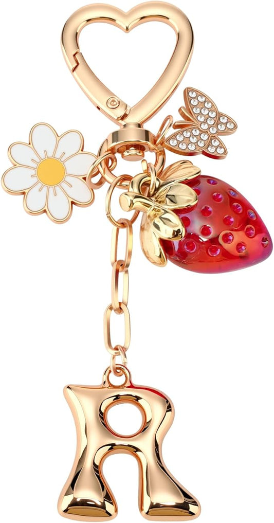 Strawberry Initial Keychain for Women-Cute Kawaii Gold Alphabet Bag Charms, Key chain Gift for Purse Handbag