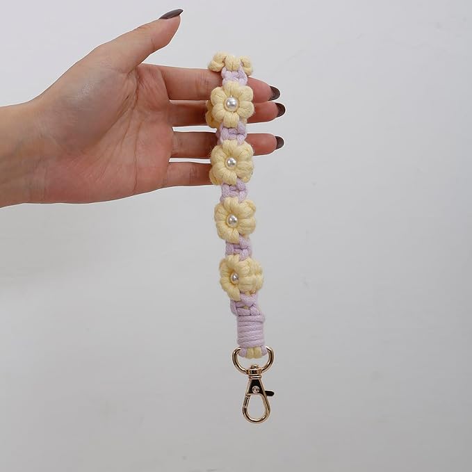 Macrame Keychain Handmade Wristlet Keychain Wrist Lanyard for Keys Cute flower keychain Key Chain for Women