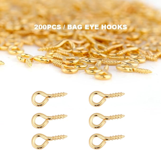 Sonew Pack of 200 Mini Eye Pins Hooks Eyelets Screw Hooks Threaded Bails Findings for Jewelry Pendant Making(Gold)