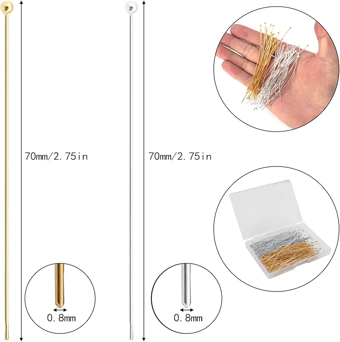 200 Pcs 70mm/2.76 Inch 21 Gauge Ball Pins for Jewelry Making Straight Head Eye Pin for DIY Christmas Styles Craft Earring Bracelet Necklace Pendant Making (Ball Pins,Silver & Gold Color)