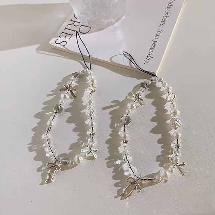 2 Pcs Phone Charm Strap Hand Universal for iPhone Wrist Strap Camera Lanyard Pearl Beaded Cute Chain String Accessories Universal for iPhone 17 Pro Max Samsung Women Girls Phones Bag Keychain