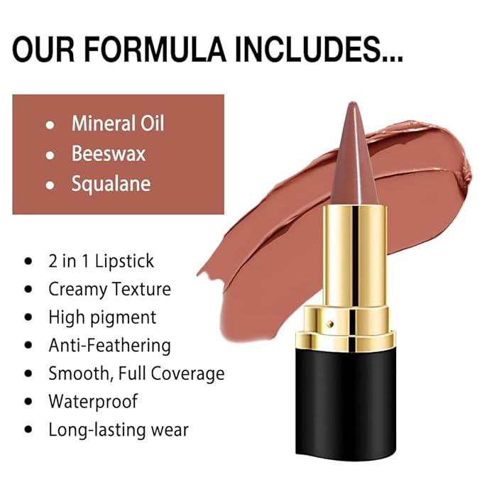 evpct Light Brown Gradient Matte Lipstick Lip Liner Crayon Combo Pencil Set for Women Long Lasting Waterproof, Nude Brown Matte Cream Lip Liner and Lipstick Combo Makeup, Flawless Gradual Ombre Effect