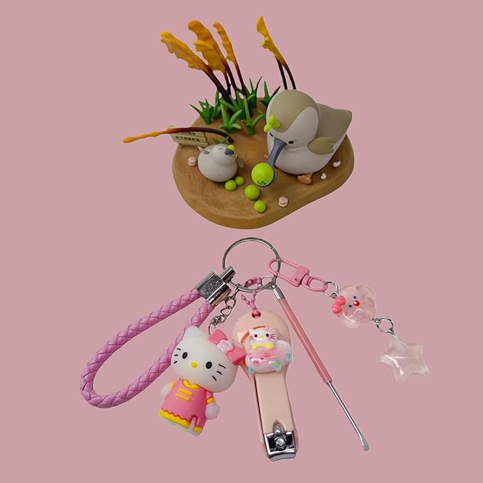 Cute Keychain with Nail Clipper Ear Pick for Women Girls Cute Key Chain Wristlet Cartoon Keychain Lanyard