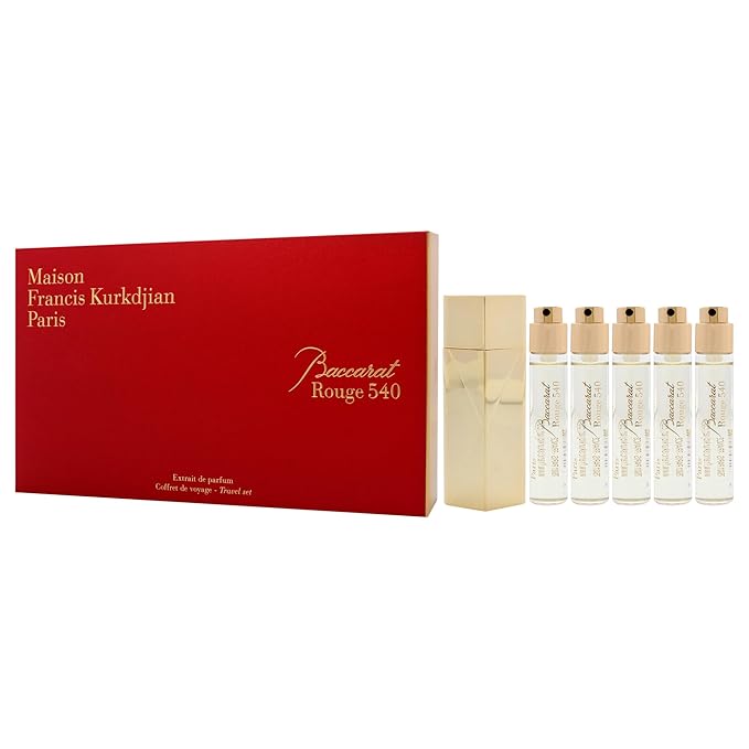 Baccarat Rouge 540 Travel Set by Maison Francis Kurkdjian for Unisex - 6 Pc Gift Set 5 x 0.37 Extrait De Parfum Spray (Refill), Case Gold