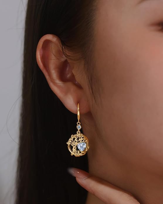 FANCIME Tree of Life Dangle Drop Earrings 925 Sterling Silver Dainty Round Gemstone Birthstone Earring Fine Jewelry Birthday Christmas Gifts for Her Women