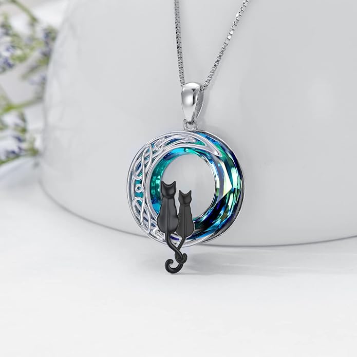 TOUPOP Cat Gifts for Cat Lovers One Two Three Four Cats Necklace Sterling Silver Cats on the Moon Pendant Necklace with Blue Circle Crystal Birthday Christmas Celtic Jewelry Gifts for Women