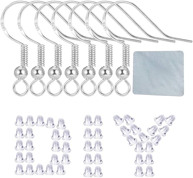 Hypoallergenic Fish Hooks Earrings - 120 PCS/60 Pairs White Gold Plated Ear Wires Fish Hooks for Jewelry Making, Jewelry Findings Parts with 120 PCS Rubber Earring Backs Stopper for DIY Earrings
