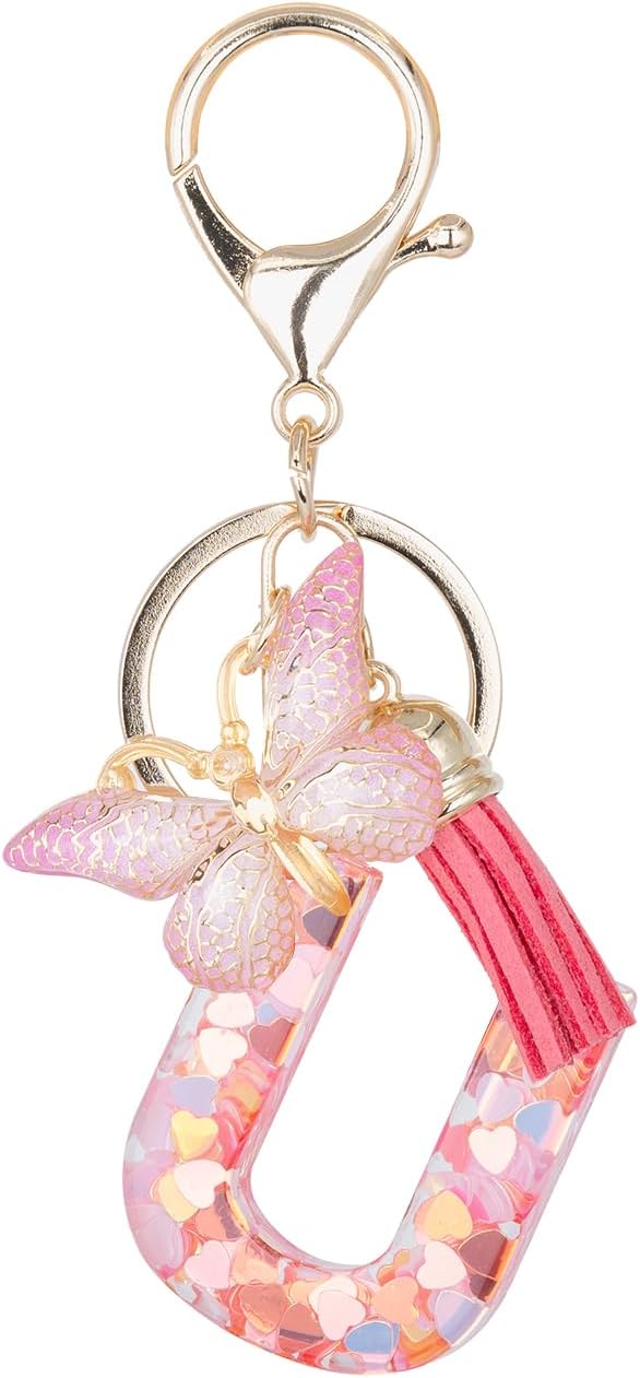 Initial Keychain Cute Pink Resin Letter and Butterfly Charms Keychains for Backpack Purses