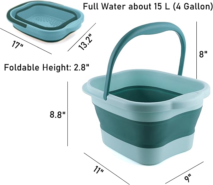 DoroSun Collapsible Foot Bath Soak Tub with Handle, Plastic Foldable Feet Spa Soaking Basin Bucket with Massager Acupoint for Washing, Pedicure Foot Care Bathtub Bowl Tools for Pain Relief, Green