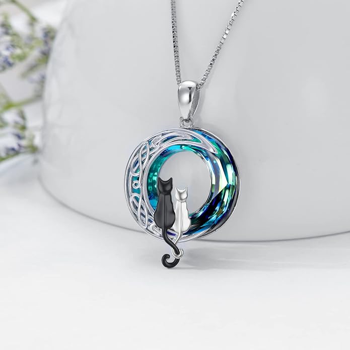 TOUPOP Cat Gifts for Cat Lovers One Two Three Four Cats Necklace Sterling Silver Cats on the Moon Pendant Necklace with Blue Circle Crystal Birthday Christmas Celtic Jewelry Gifts for Women