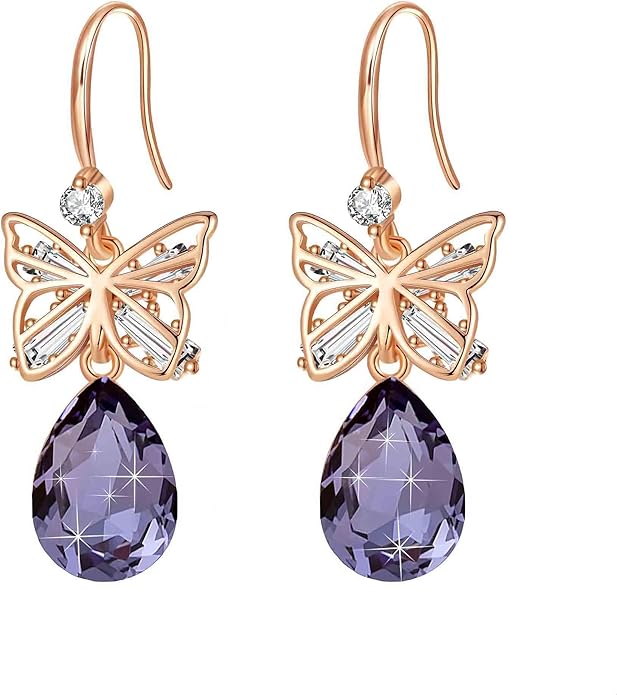 Austrian Crystal Teardrop Butterfly Drop Dangle Earrings for Women 14K Rose Gold Plated Hypoallergenic Jewelry