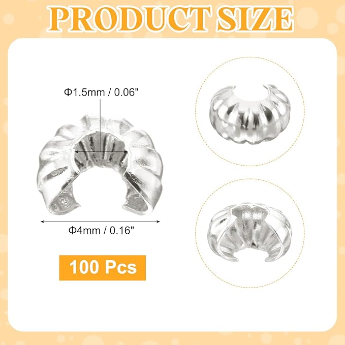 uxcell 100 Pcs Crimp Bead Covers, 4mm/0.16" Half Round Open Crimp Beads Knot Cover, Small Loose Beads End Tip Caps for Bracelet Jewelry Making Craft DIY, Silver