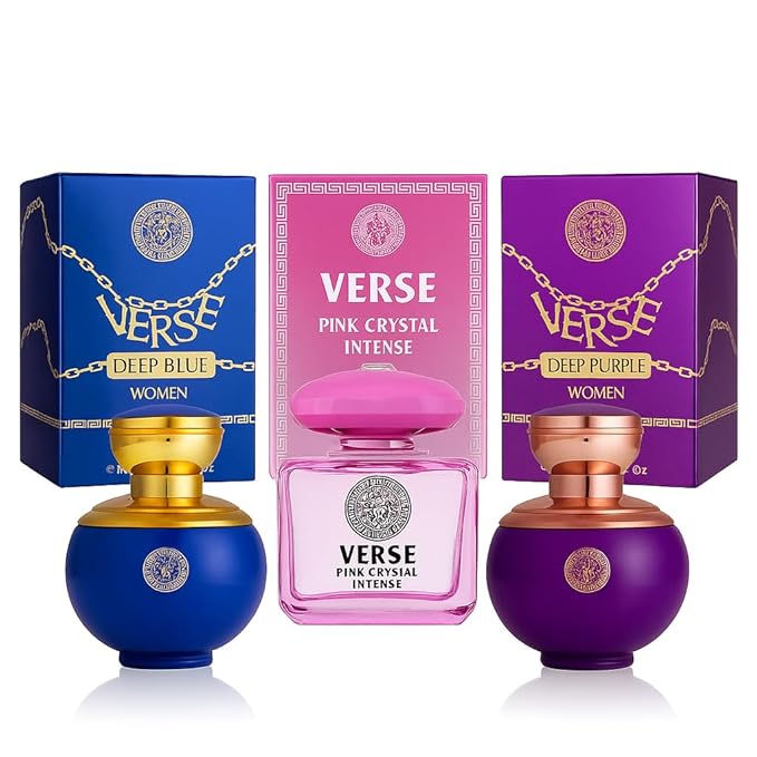Verse Women’s Fragrance Collection – Deep Blue, Deep Purple & Pink Crystal Intense – 3.4 fl oz Eau de Parfum Gift Set – Floral, Fruity & Woody Notes with Apple, Pear, Raspberry and Magnolia