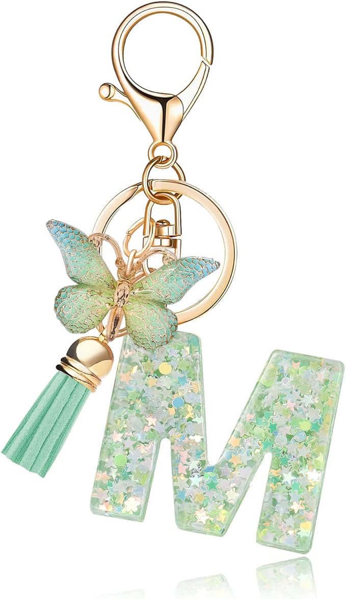 Fashion Alphabet Initial Letter Keychain Tassel Butterfly Pendant Key Ring for Purse Handbags Women Girl