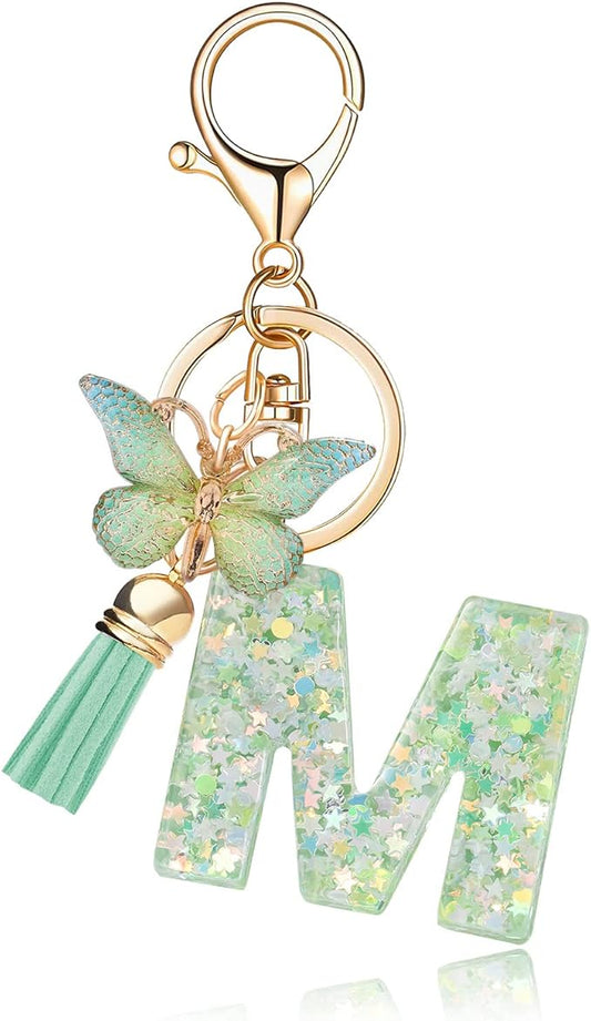 Fashion Alphabet Initial Letter Keychain Tassel Butterfly Pendant Key Ring for Purse Handbags Women Girl
