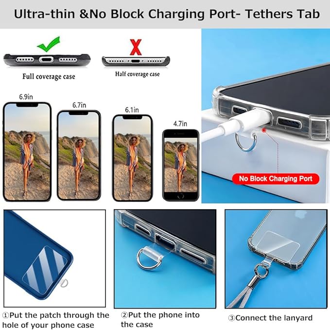Phone Crossbody Chain Cell Phone Lanyard,Universal Leather+Metal Shouder Strap with Phone Tether Patches (P)