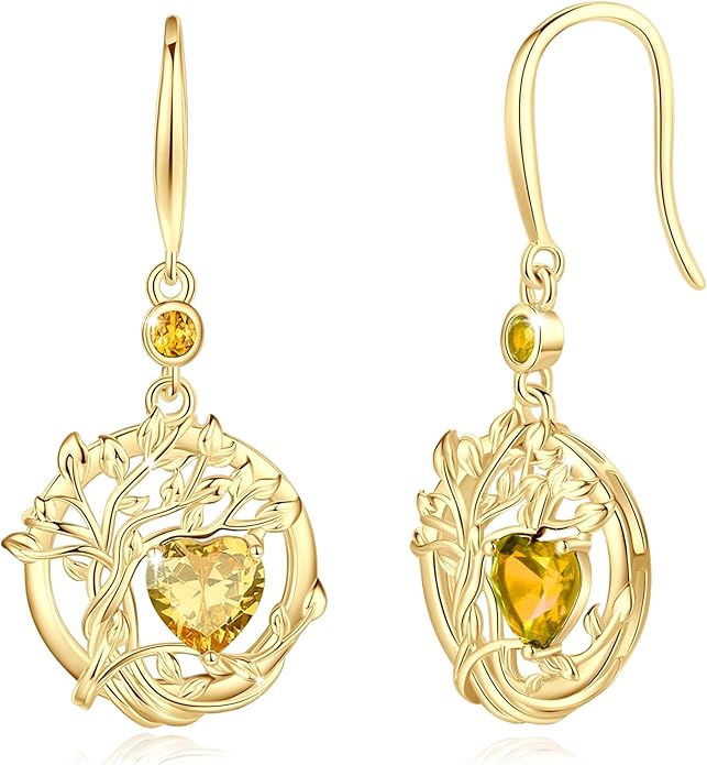 FANCIME Tree of Life Dangle Drop Earrings 925 Sterling Silver Dainty Round Gemstone Birthstone Earring Fine Jewelry Birthday Christmas Gifts for Her Women