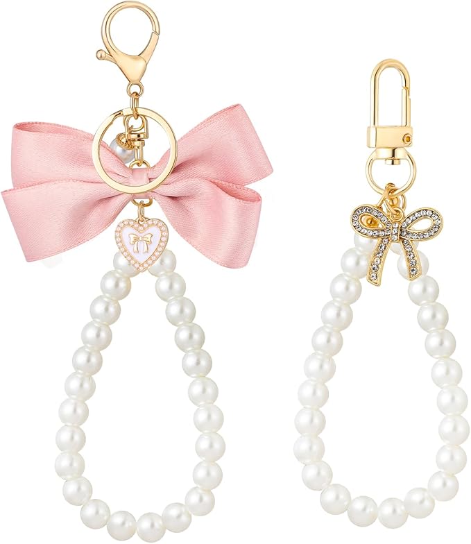 2Pcs Cute Bow Keychain for Women,Purse Charms Bow Bag Charms for Handbag, Pearl Keychain Accessories for Car