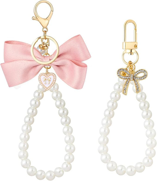 2Pcs Cute Bow Keychain for Women,Purse Charms Bow Bag Charms for Handbag, Pearl Keychain Accessories for Car