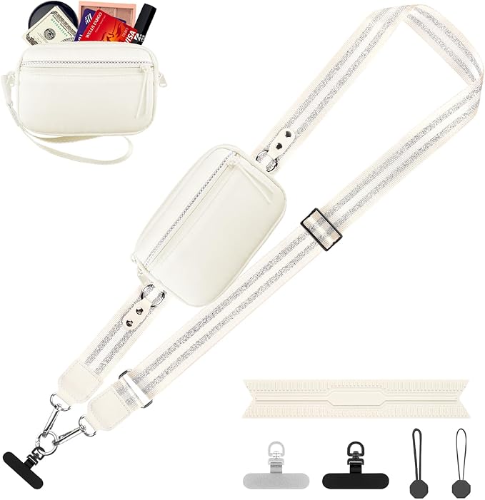 Clip and Go Strap for Phone with Wallet Crossbody, Adjustable Phone Lanyard with Detachable RFID Wristlet Wallet, Pattern Strap, Cream&Silver (M)