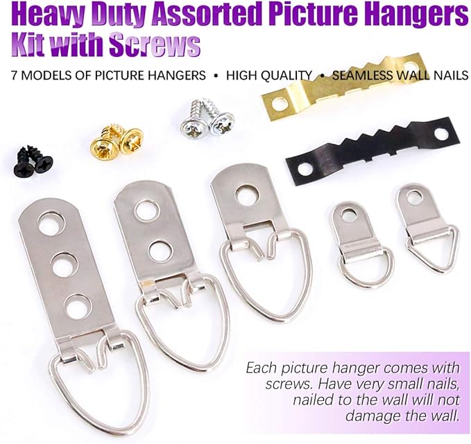 Swpeet 415Pcs Picture Hangers Kit with Screws, Heavy Duty Assorted Picture Hangers Assortment Kit for Picture Hanging Solutions with Transparent Box - 7 Models