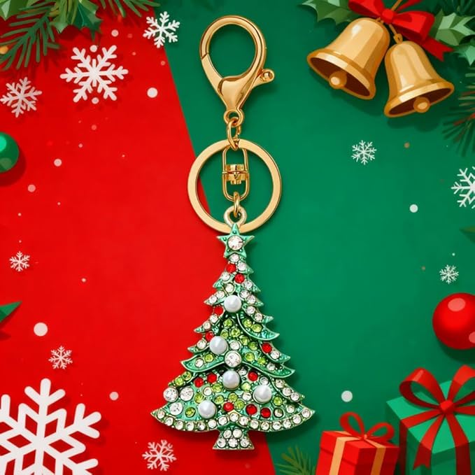 Dreuyet Christmas Keychain Rhinestone Crystal Christmas Tree Santa Purse Bag Handbags Charms for Women Lady Friends
