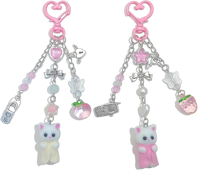 Cute Cat Keychain, Y2K Heart Bow Pendant, Kawaii Cat Bag Charm