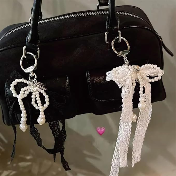 Pearl Bow Keychain Cute Y2k Lace Bowknot Keychain Coquette Aesthetic Accessories Bag Purse Handbag Backpack Charm