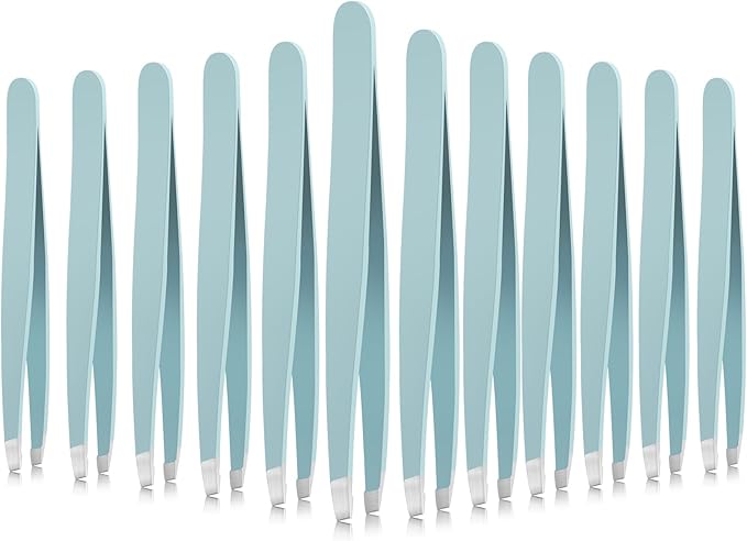 Mudder 12 Pcs Eyebrow Tweezers Set for Facial Hair Stainless Steel Slanted Tip Tweezers in Bulk for Men and Women (Light Blue)