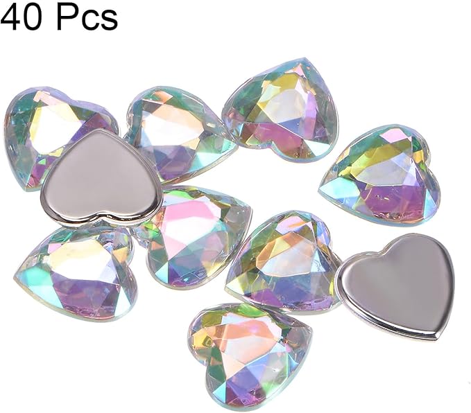MECCANIXITY 40 Pcs Acrylic Heart Rhinestone 15mm Flat Back Plastic Gems Jewelry Stickers for Craft Bead Face Painting Costume Jewelry Making, White