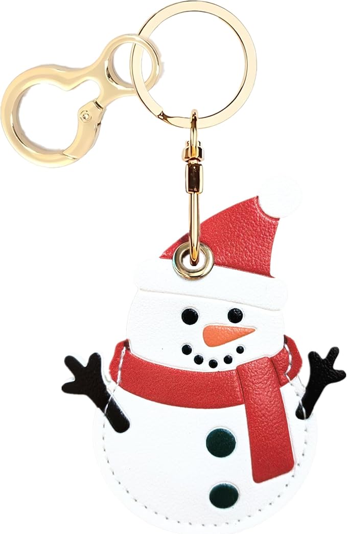 Leather Keychain Holder Case Compatible with AirTag,Cute Protective Cover with Keyring,Anti-Scratch Finder GPS Tracker Case for Wallet Keys,Bag,Pets(Snowman)