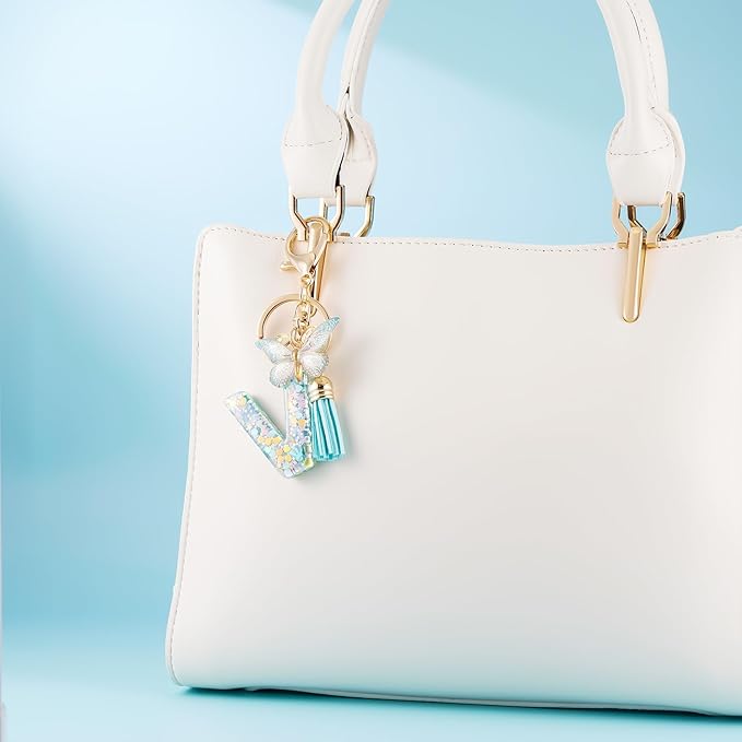 Fashion Alphabet Initial Letter Keychain Tassel Butterfly Pendant Key Ring for Purse Handbags Women Girl