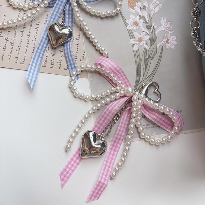 Pearl Bow Keychain Cute Y2k Lace Bowknot Keychain Coquette Aesthetic Accessories Bag Purse Handbag Backpack Charm