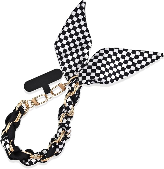 Fycyko Phone Wrist Strap with Gold Metal Scarf and Universal Tether Tab, Aesthetic Print Design Ribbon Chain, Multi-Purpose Accessories for Bag Key Cellphone for Men Women Girls-Black Checkerboard