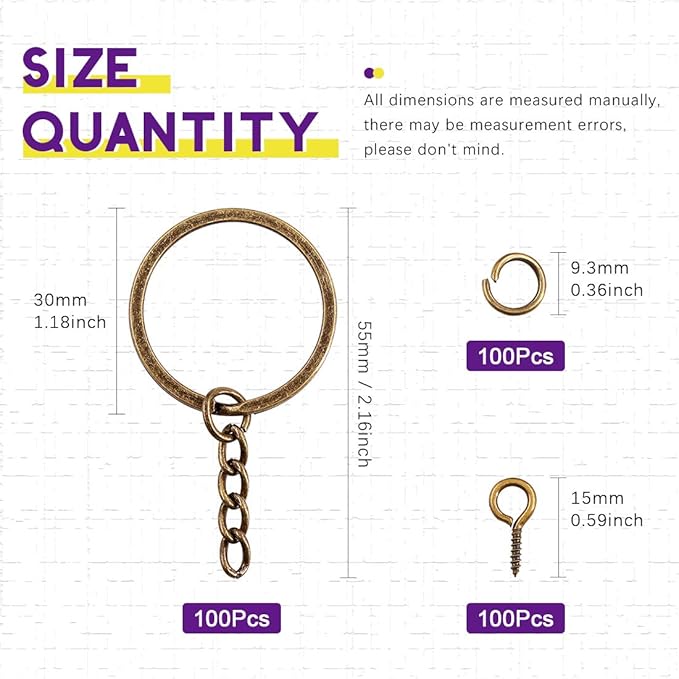 Swpeet 100Pcs 6/5 Inch 30mm Bronze Flat Key Chain Rings Kit, Including Split Keychain Rings with Chain and Jump Ring with Screw Eye Pins for Jewelry Making