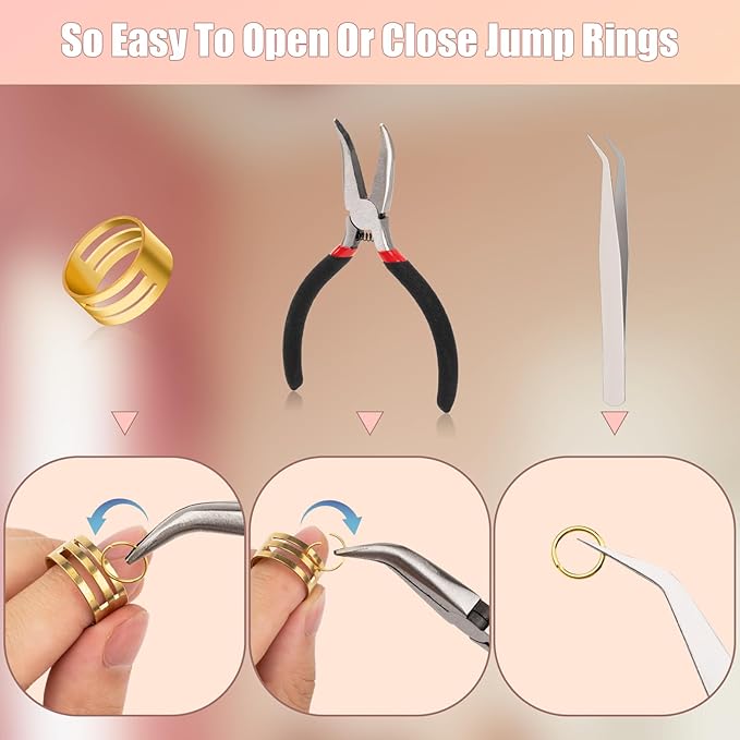 1200 Pcs Jump Rings, Jewelry Making Kit with Open/Close Tools, Pliers, Tweezers, Lobster Clasps, DIY Necklace Repair and Keychain Supplies (Gold)
