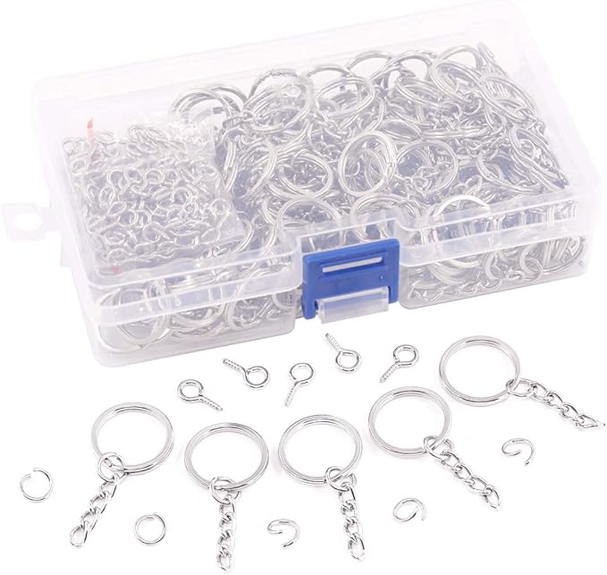 Swpeet 450Pcs 4/5 Inch 20mm Sliver Flat Key Chain Rings Kit, Including 150Pcs Split Keychain Rings with Chain and 150Pcs Jump Ring with 150Pcs Screw Eye Pins Bulk for Jewelry Findings Making