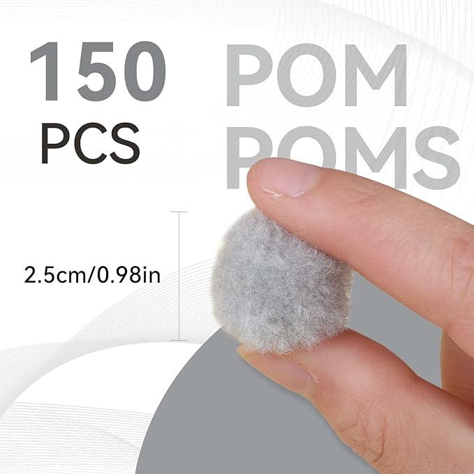 MORFEN 150 Pcs Pom Poms, 1 Inch Light Grey Craft Pom Poms, Fuzzy Pompom Puff Balls, Small Pom Pom Balls for DIY Arts, Crafts Projects,Birthday Home Decorations