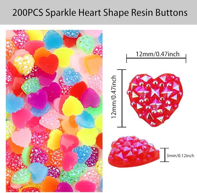 200PCS Sparkle Heart Shape Resin Buttons, Mini Shiny Rhinestones Flat-Back Buttons, for DIY Crafts Jewelry Making Supplies, Necklace, Bracelet, Valentine's Day Decoration